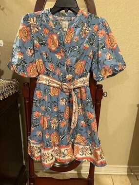 Joie Blue Floral Button-Up Shirt with Orange and Yellow Blooms